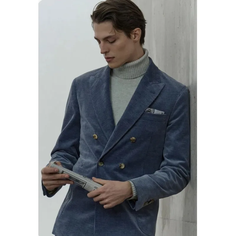 

Men's Suit Two-Piece Set Fashionable Solid Color Slim Double Breasted Handsome Spike Collar Suitable for Business Casual Retro
