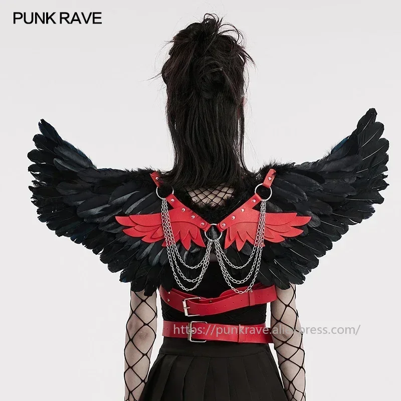 Фото Женский ремень-нагрудник PUNK RAVE в стиле панк с яркими дьявольскими перьями и кожаными крыльями, со съемными цепями, для вечеринок, клубов, Хэллоуина №4