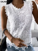 ouslee vintage lace jacquard t shirt women summer sleeveless solid color vest top ladies casual o neck camisole tank shirts tops
