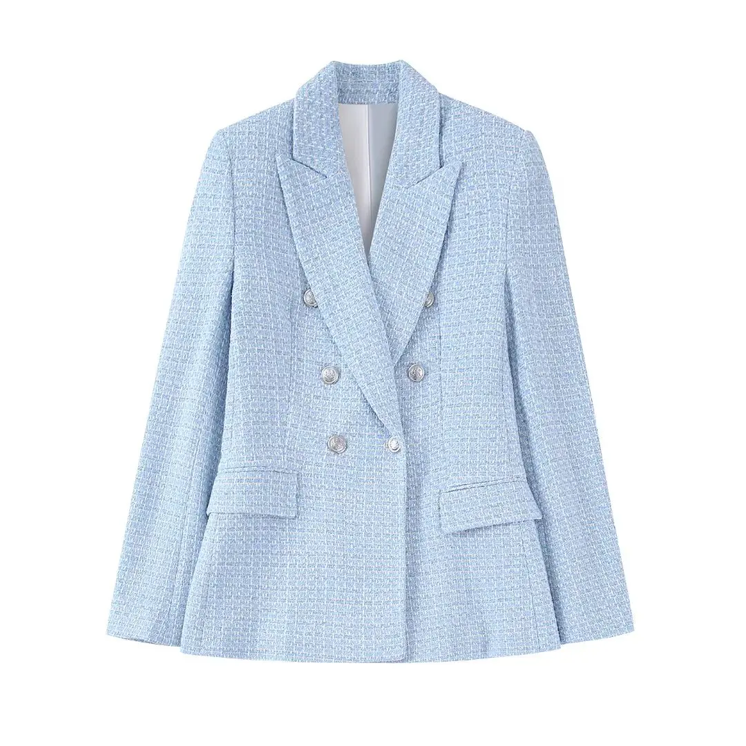 

Women 2022 Fashion Tweed Double Breasted Blazer Coat Vintage Long Sleeve Flap Pockets Female Outerwear Chic Veste Femme
