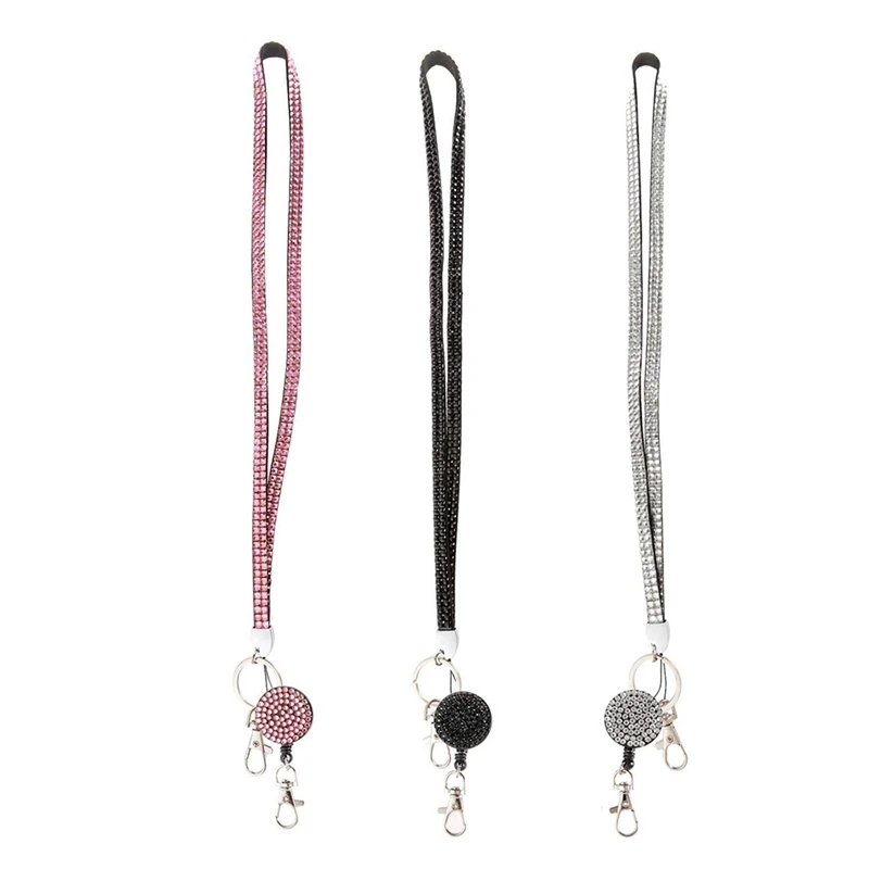 

3PCS Pack 32Inch All Around Bling Crystal Leather Neck Strap Lanyard W/Retractable Badge Reel For ID Badge Keys Holder