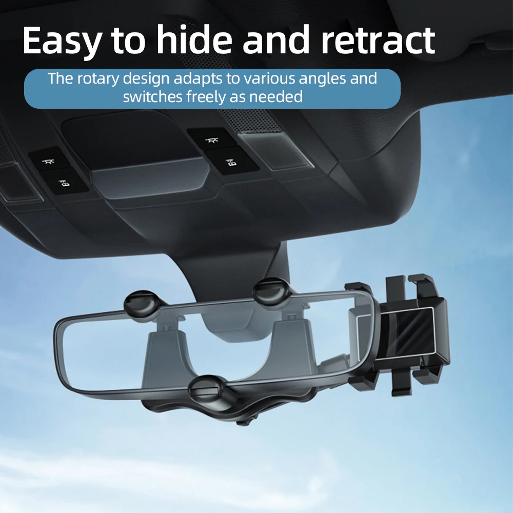 

360° Car Rearview Mirror Mount Phone Holder Universal Vehicle Mount Phone GPS Holder Rotating Adjustable Telescopic Phone Holder