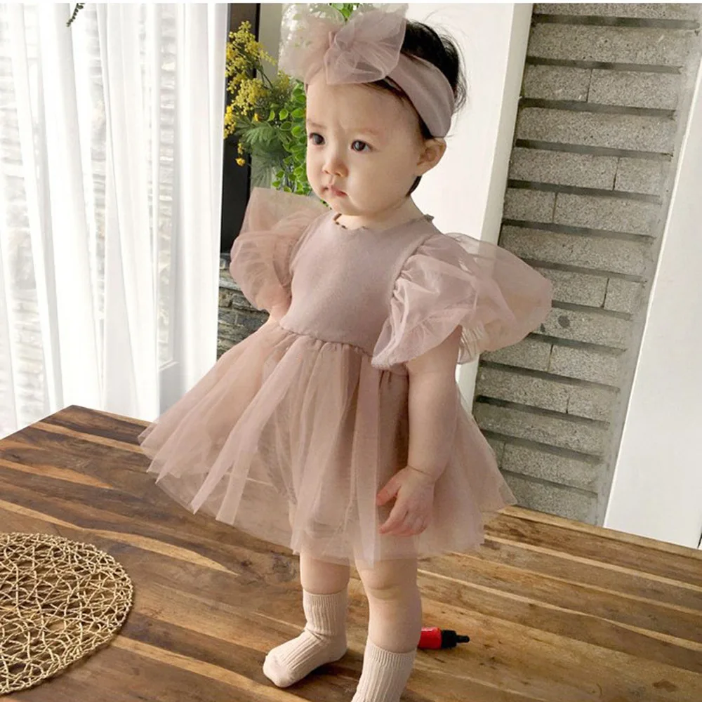 

Princess Short Sleeve Crawling Clothes Baby Girl Baby Bubble Sleeve Fluffy Gauze Skirt To Send A Headscarf Girl Dress