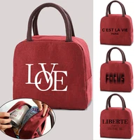 cooler lunch box portable insulated thermal travel food picnic lunch bags for women kids tote text print bento pouch new handbag