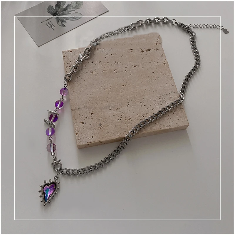 

Purple Love Pendant Necklace For Women New Color Beads Stitching Niche Personality Temperament Clavicle Chain Gothic Accessories