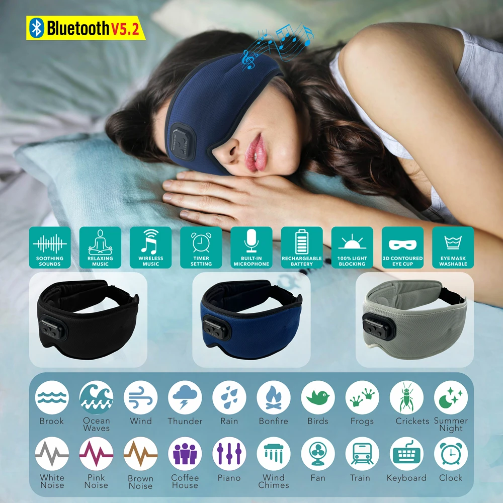 Sleep Headphones White Noise Cancelling Music Bluetooth 5.2 Silk Eye Mask Auto Shut Off 100% Light Blackout Sleeping Eye Covers