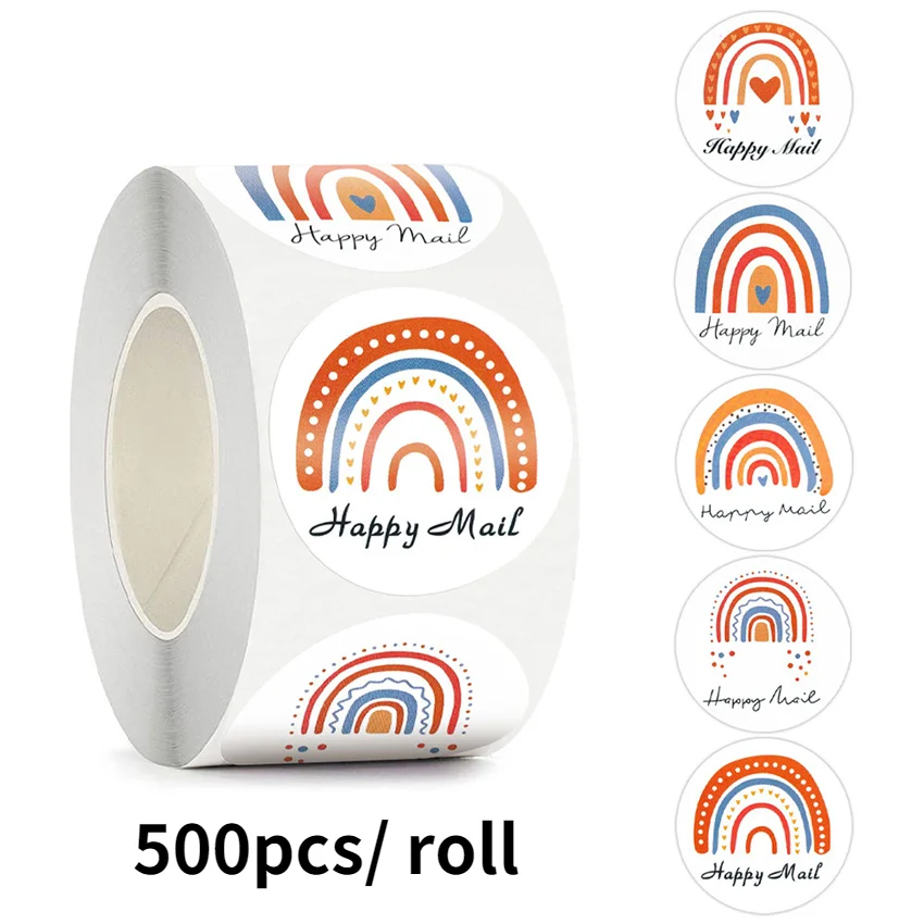 

500pcs/ roll Happy Mail Stickers 5 Designs Rainbow Thank You Sticker Labels for Small Business, Envelope, Packaging