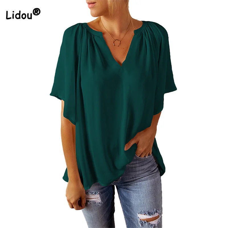 

Summer Clothes for Women New V-Neck Simplicity Solid Color Casual Pleated Half Sleeve T Shirt Loose Pullover Chiffon Female Top
