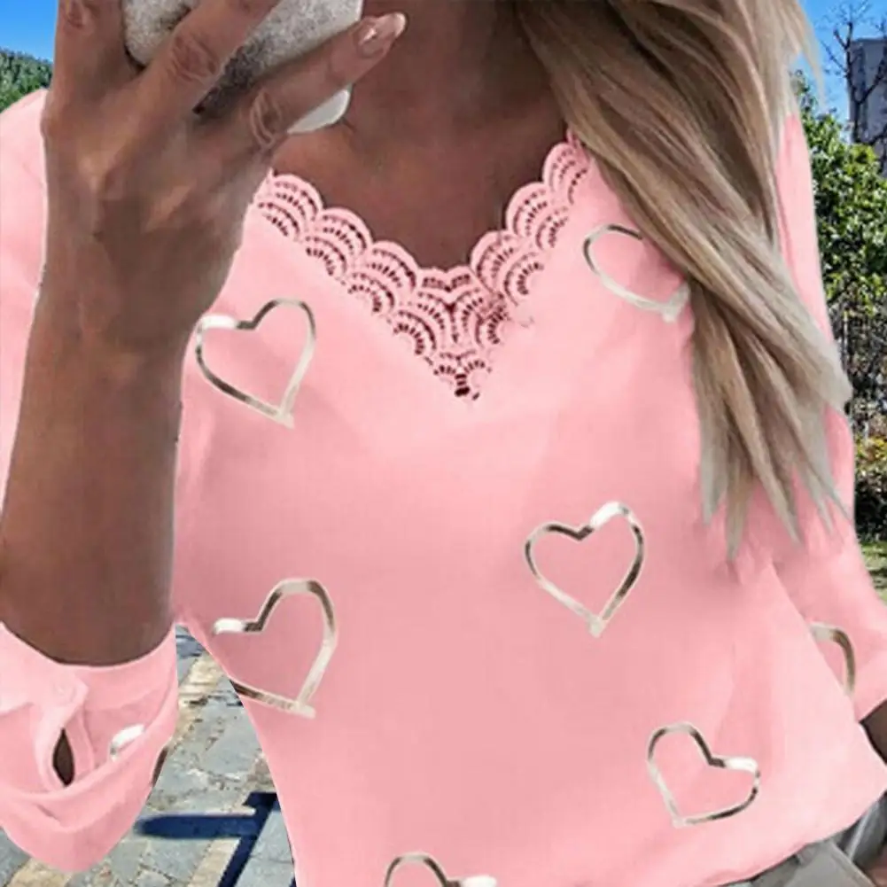 

for Spring Long Sleeve Women Blouse Top Pullover V Neck Patchwork Lace Heart Shape Print Streetwear T-shirt for Spring