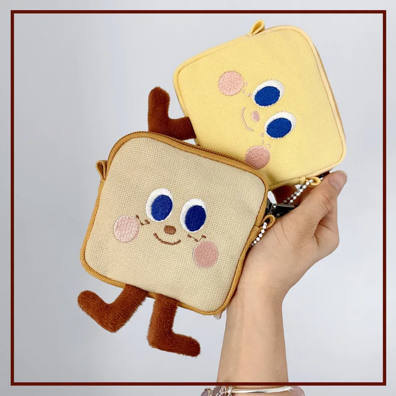 

Cute Canvas Earphone Bag Toast Cheese Key Chain Pendant Small Storage Bag Portable Girl Heart Coin Purse Girlfriends Gift