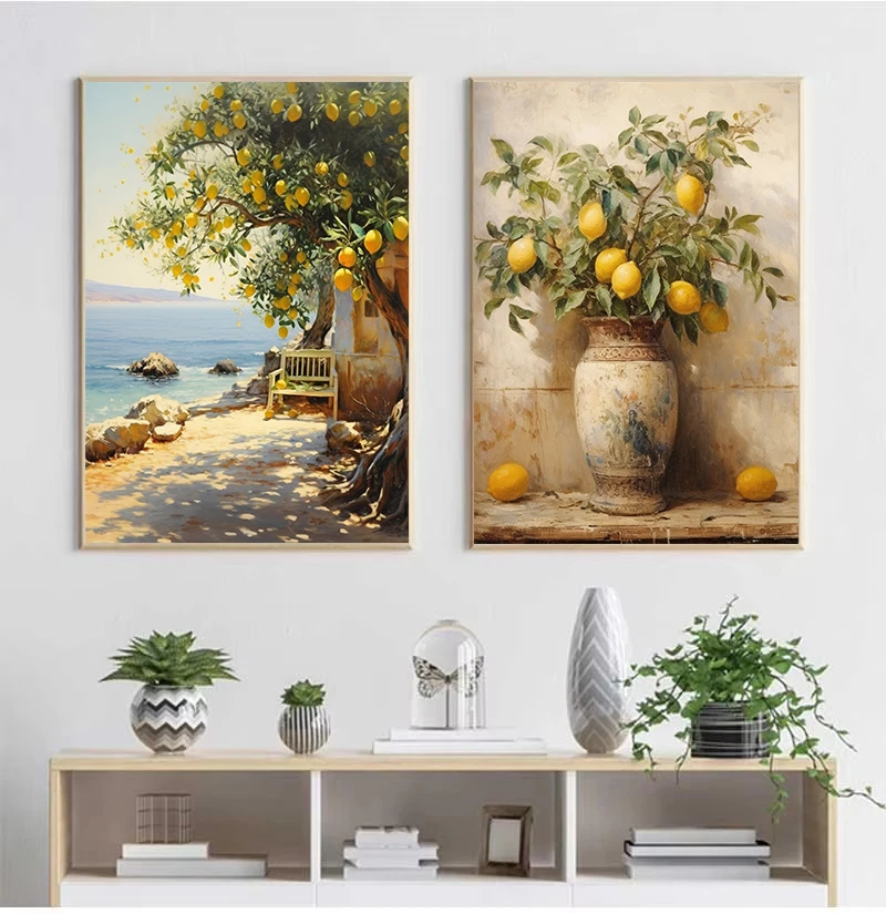 Средиземноморское летнее Лимонное дерево фрукты натюрморт прибрежный ландшафт