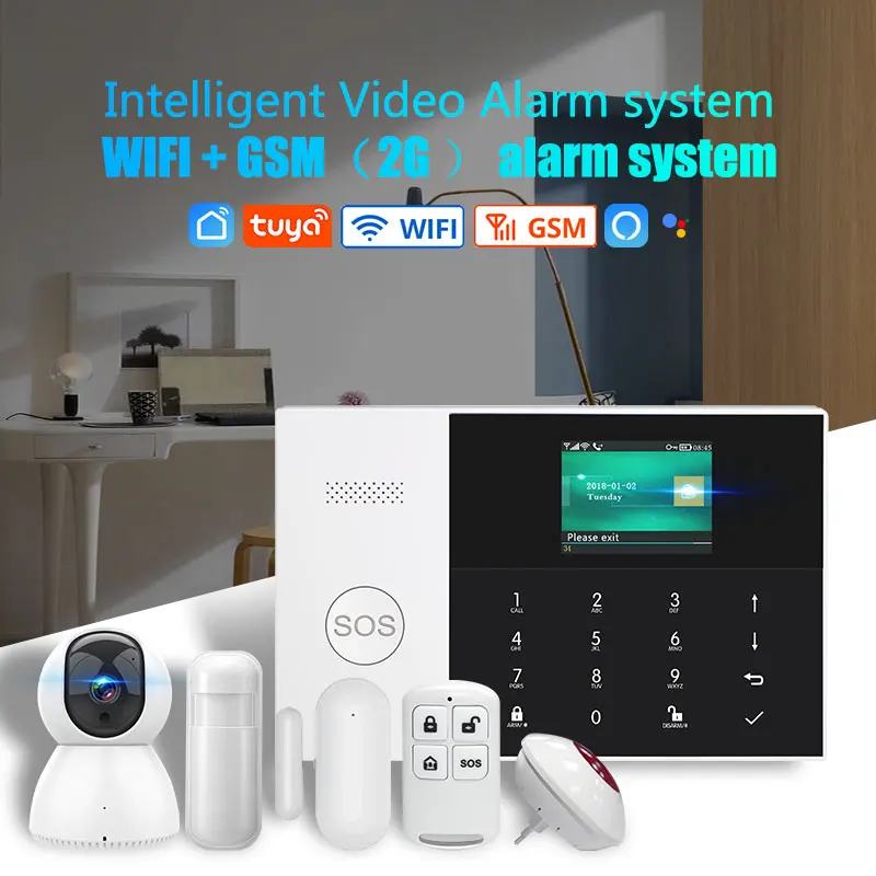 Tuya Smart Home Alarm System Security GSM WiFi 2.4-inch Color Screen Wireless LCD Touch Keyboard 433MHz Detectors APP Control