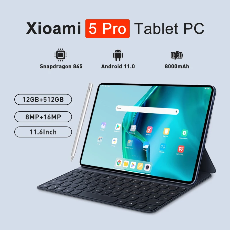 Новинка 2023, телефон, планшет Android 11,0 Pad 5 Pro, 12 Гб + 512 ГБ, Snapdragon 845, планшеты, ПК, телефон с двумя SIM-картами или Wi-Fi, HD, 4K, Mi