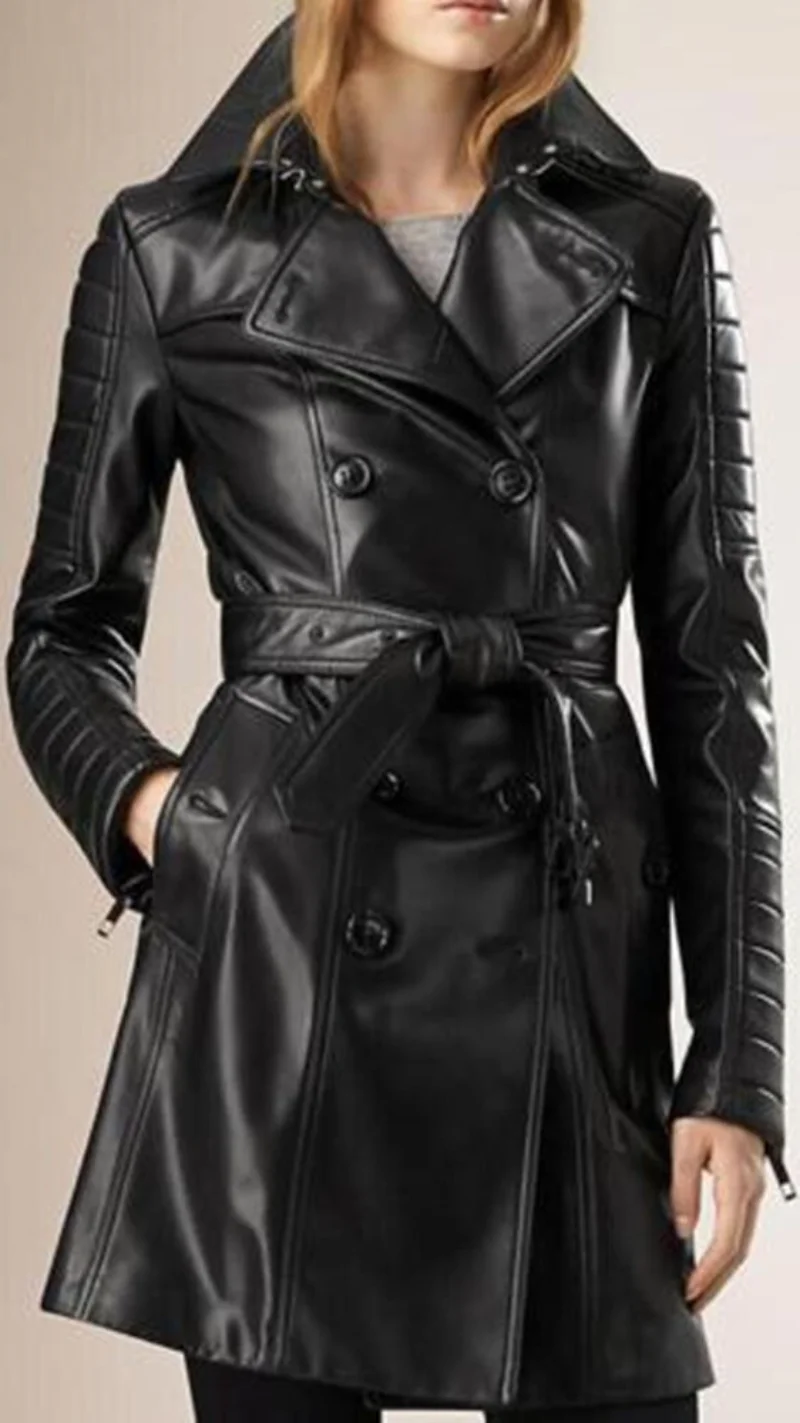 Women Trench Coat Black Genuine Real Leather Jacket Belt Double Breasted Long Outwear Double Breasted Windbreaker