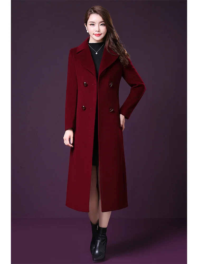 

Coat Women X-Long Double Breasted Slim Wool Coats 2022 Autumn Winter New Fashion Lapel Black Knee Length Blends Jackets Feminina