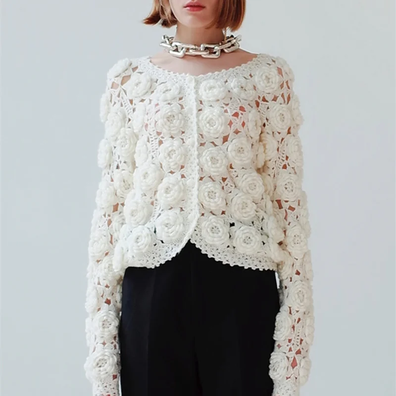 

High QUality Cutout Floral Appliques White Cardigan For Women Autumn Long Sleeve Cropped Sweater Cardigan Knit Top Jacket