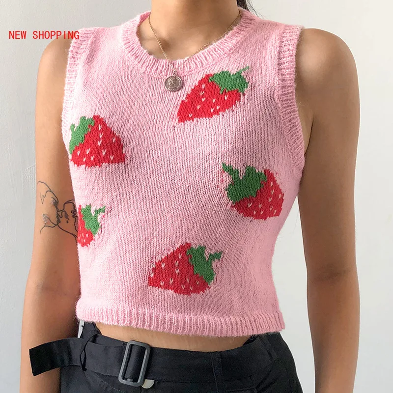 

Fashion Cute Sweet Y2K Strawberry Printing Sexy Club Sleeveless Knitted Vests Vintage O-neck Pink Cropped Sweater 90s Streetwear