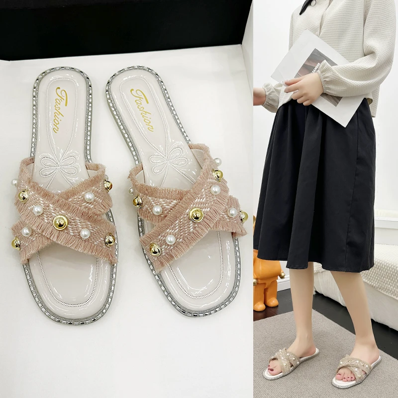 Canvas Pearl Slippers Women's Summer Shoes  Fashion New Platform Soft Bottom Internet Celebrity Slippers Slides Outdoor Outside