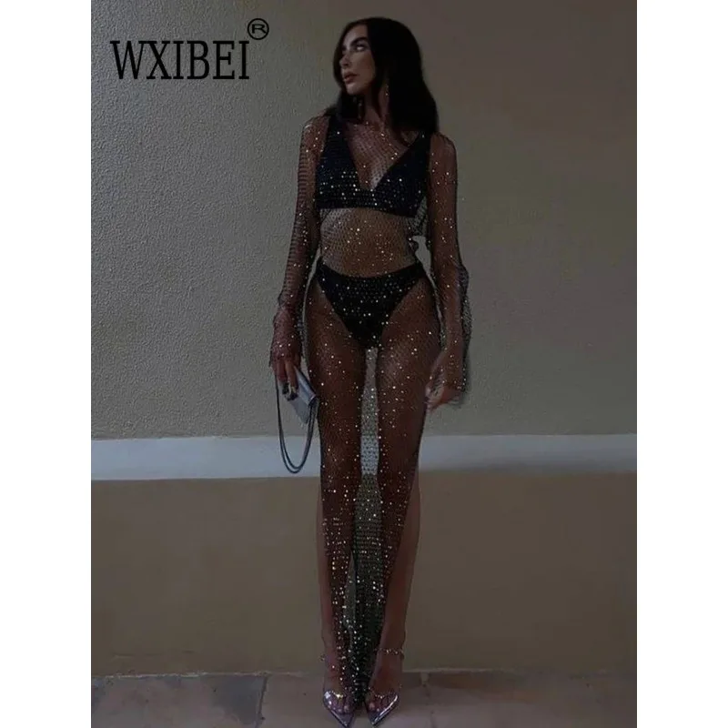 

WXIBEI Shiny Rhinestones Dress Long Sleeve O-Neck Hollw Out Side Slit Dress Sexy Beach Cover Up Breathable Lady Vestidos FC883