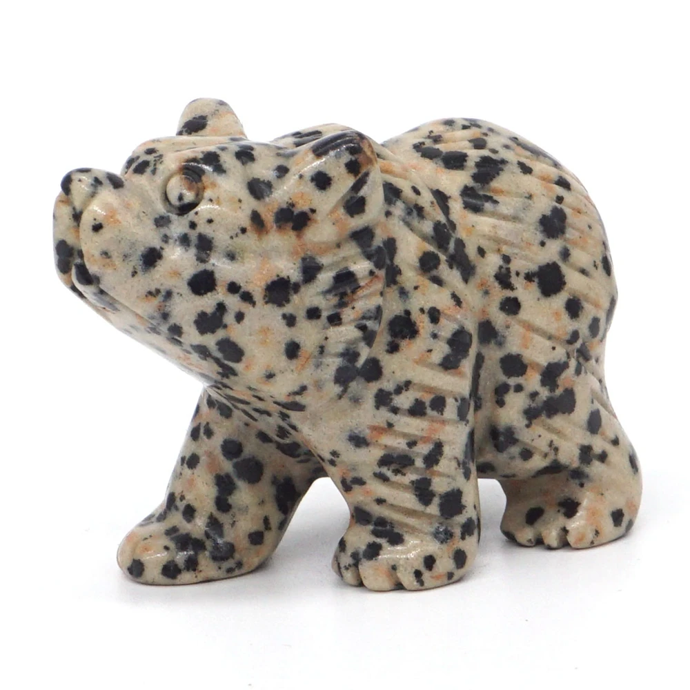 

2" Bear Statue Natural Gemstone Dalmation Jasper Crystal Hand Carved Reiki Healing Stone Animal Figurine Crafts Home Decoration