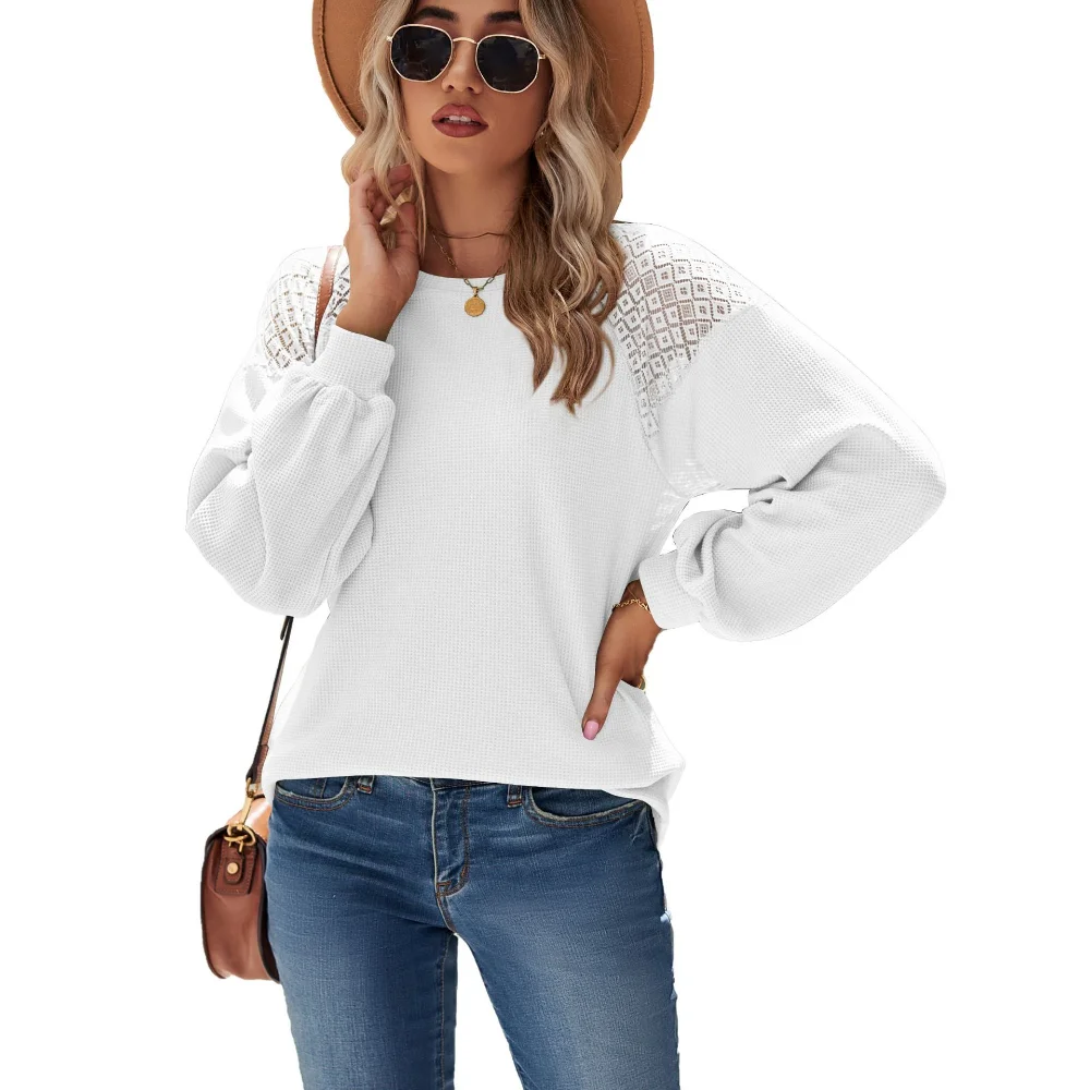 

Women's Loose T-Shirt with Round Neck and Lace Patchwork, Autumn and Winter