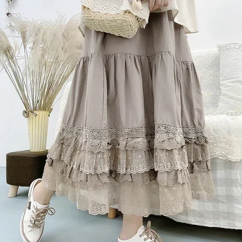 Женская многослойная кружевная юбка Mori Girl из чистого хлопка, повседневная юбка с эластичным поясом, подъюбник в стиле "Лолита", Женская юбка