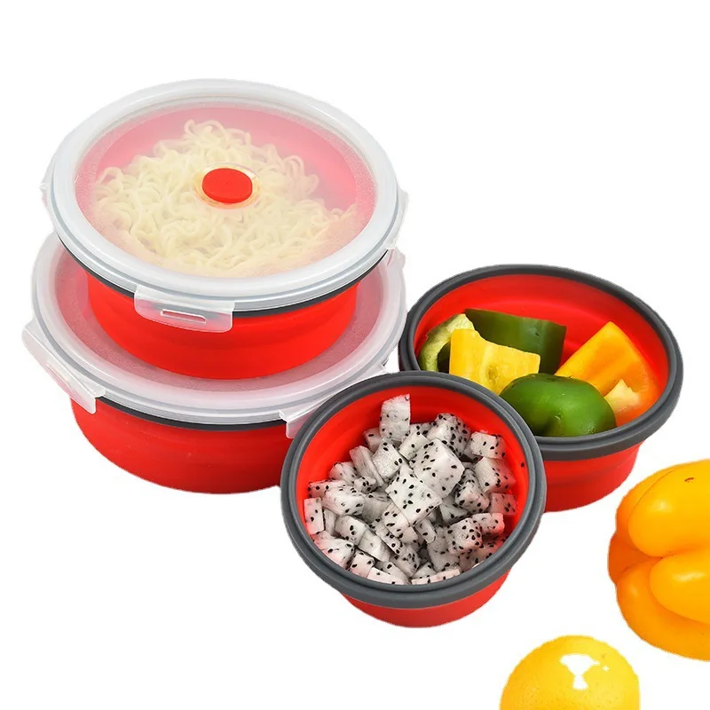 

Round Silicone Foldable Lunch Box Mircowave Dishwasher Safe Salad Container For Kitchen Work School Outdoor Storage Food Fruit