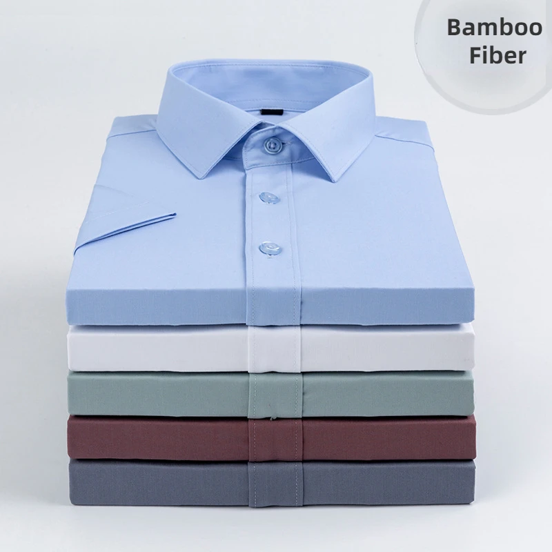 

High Quality Bamboo Fiber Short Sleeve Shirt Men Summer Breathable Blue Button Up Collared Shirts Plus Size 4xl 5xl Office Wear