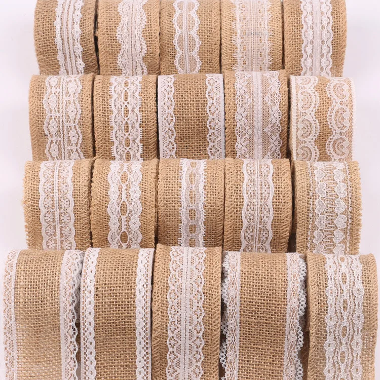 2 meter Jute Burlap Hessian Ribbon with Lace Trims Tape roll vintage rustic wedding decoration mariage wedding cake topper