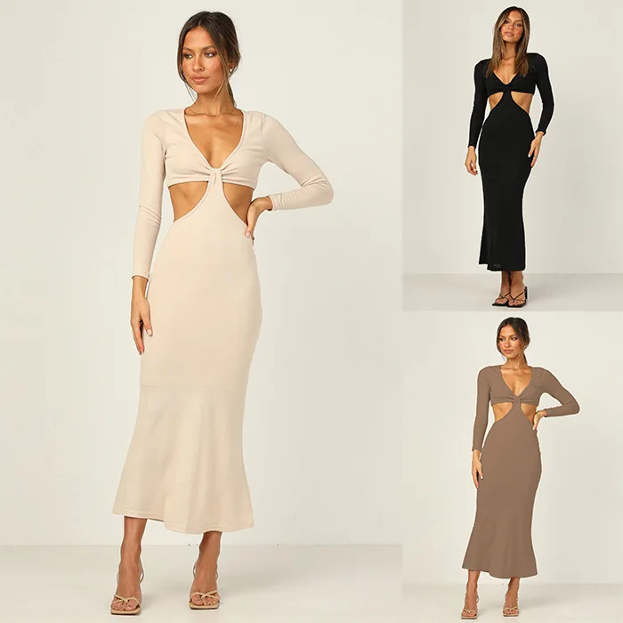 

2022 Autumn Elegant Maxi Dress Women Long Sleeve V Neck Hollow Out Bodycon Pencil Dress Solid Color Casual Sexy Dresses Female