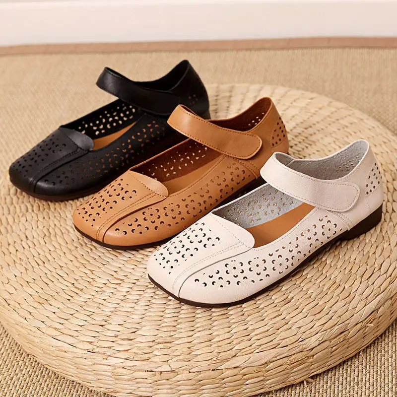 Soft Leather Mom Mary Jane Shoes Non-slip Plus size 41 Breathable Cut-outs Loafers Women's Square Toe Balleria Shoes 2023 New