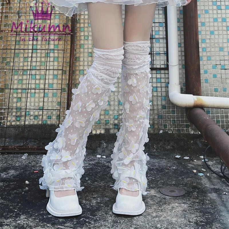 

Чудесные белые сетчатые кружевные носки в стиле Харадзюку Y2k, длинные японские милые принцессы, Лолита, милые эластичные расклешенные носки