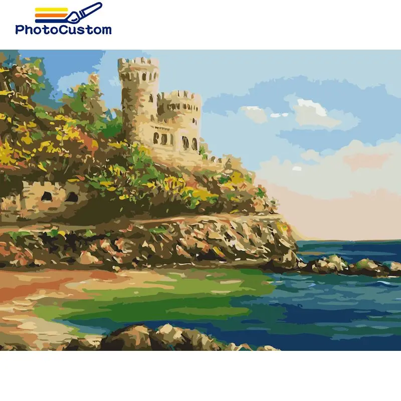 

PhotoCustom Painting By Number Seaside castle DIY Frame Handpainted Canvas Coloring By Numbers Landscape For Home Decor Christma