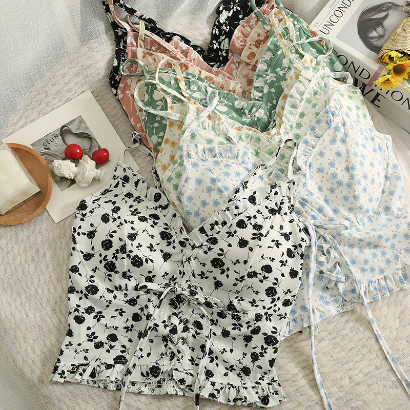 

vintage floral tanks and camis sexy bandage corset bustier sexy ruffle crop top with straps fashion summer women clothes y2k