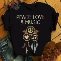 peace love music letter dreamcatcher print t shirt women short sleeve o neck loose tshirt summer women tee shirt tops mujer