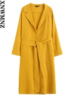 xnwmnz womens fashion solid color linen shirt midi dress with belt ladies vintage long sleeve elegant dresses summer new robe