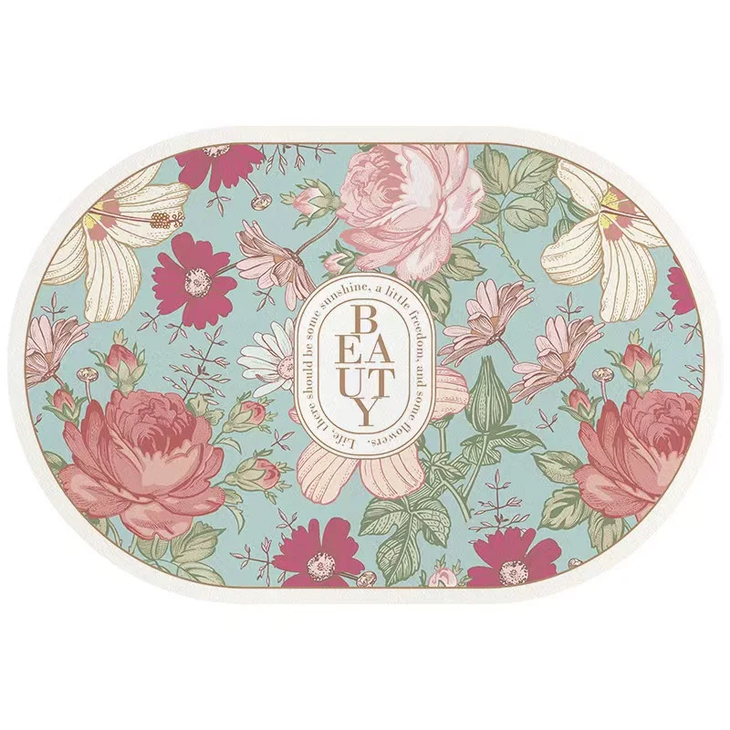 Овальный бархатный ковер VIKAMA 40x60 см садовый цветочный стиль ванная комната