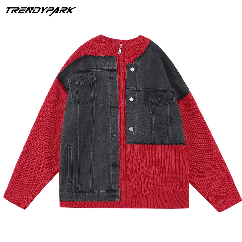 Men's Cardigan Sweaters with Zipper Patchwork Denim Jacket Streetwear Oversized Harajuku Knitwear Men Clothing Free Shipping