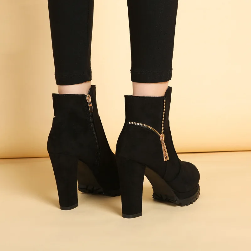 OL Fashion Boots Pumps For Women Office Shoes 2023 Thick Platform Flock Autumn Winter Warm Shoes Short Boots Female Ankle Boots