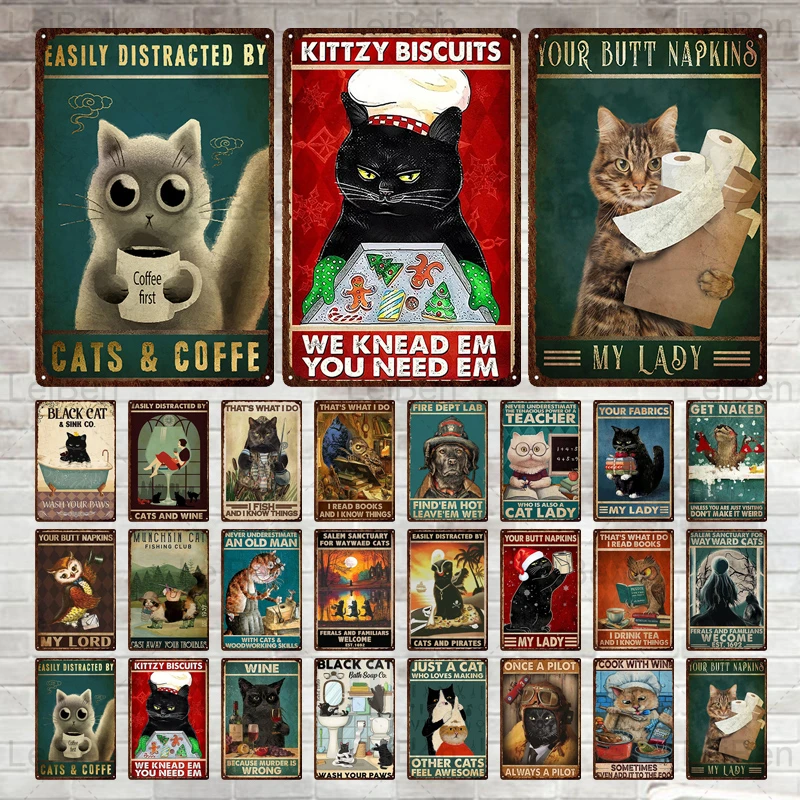 

Cute Animal Metal Plaque Black Cat Metal Tin Sign Retro Wall Sticker Shabby Iron Painting Interior Decor Pet Shop Club 20x30cm