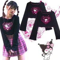 anime kuromi long sleeve t shirt navel dress y2k spice girl style ins womens mymelody sanrio short loose casual top girl gift