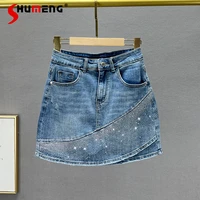 denim skirt womens short skirt 2022 new summer stretchy high waist slimming heavy embroidery hot drilling mini hip skirt