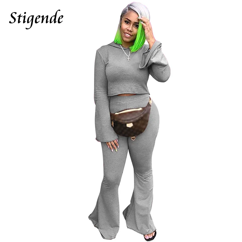 

Stigende Women 3XL Flare Two Piece Set Long Sleeve Crop Top Hoodie and Pants Set Autumn Solid Color Bodycon 2 Pcs Tracksuits