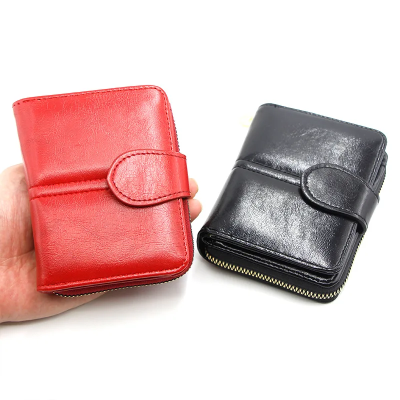 Fashion ladies short zipper wallet waxed leather card wallet female  card bag