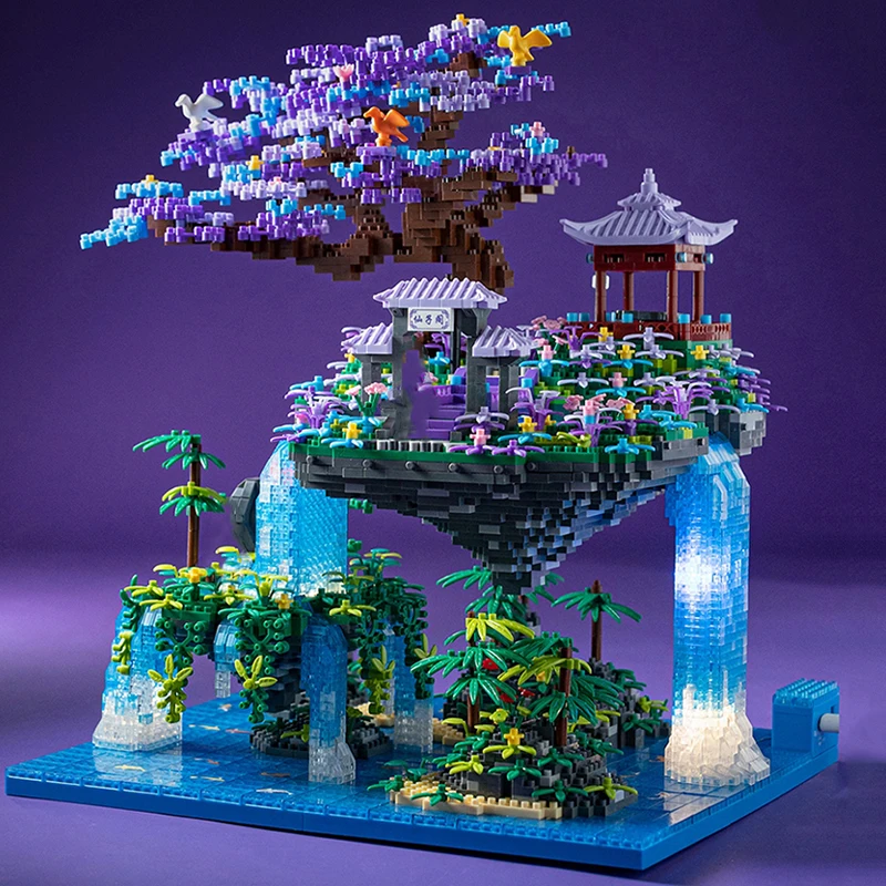 

4574PCS Chinese Architecture Waterfall Pavilion Tree Island Micro Building Blocks With Light DIY Diamond Bricks Toys Kids Gifts
