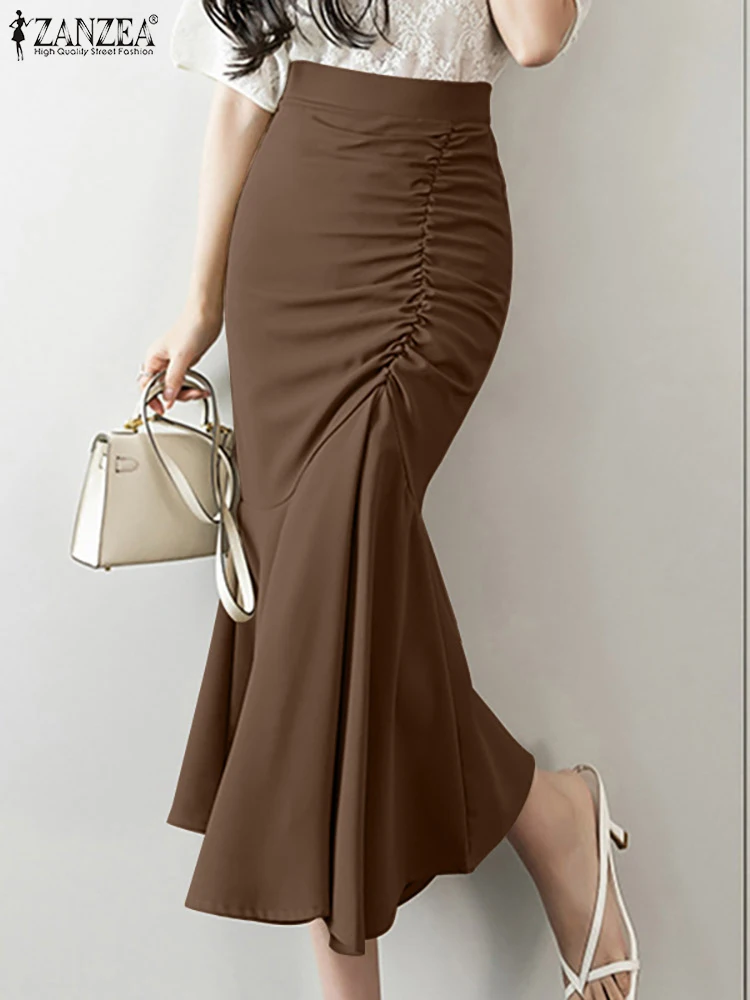 

Женская юбка-футляр с высокой талией ZANZEA, пикантная облегающая модная плиссированная элегантная юбка миди с оборками на подоле, длинные юбк...