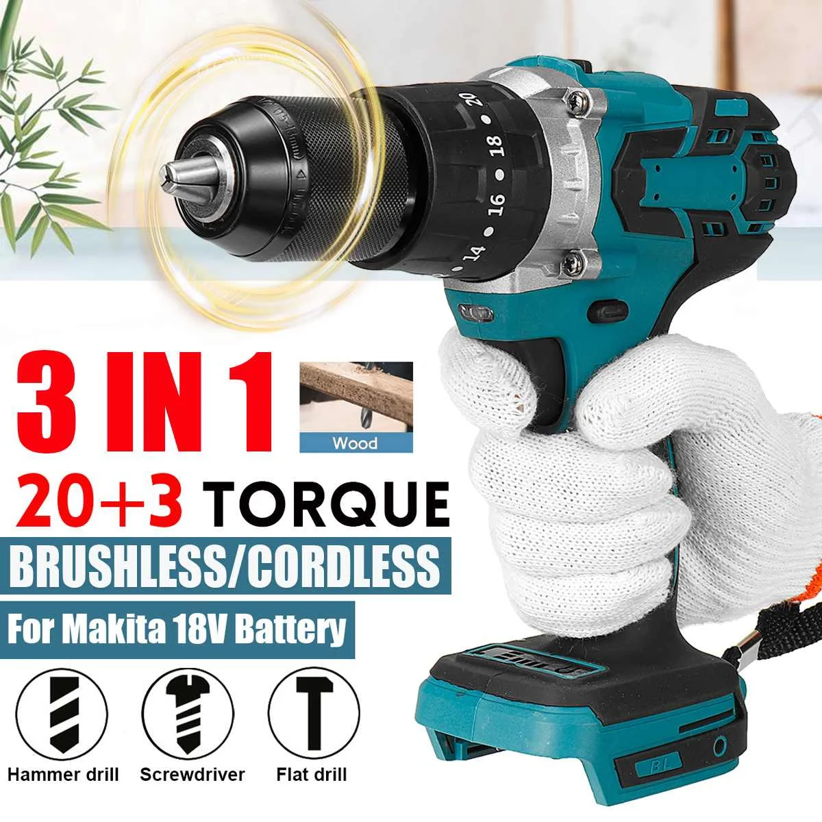 

Drillpro 3 in 1 Brushless Cordless Electric Impact Drill 13mm 20+3 Torque Electric Screwdriver Hammer for Makita 18V Battery