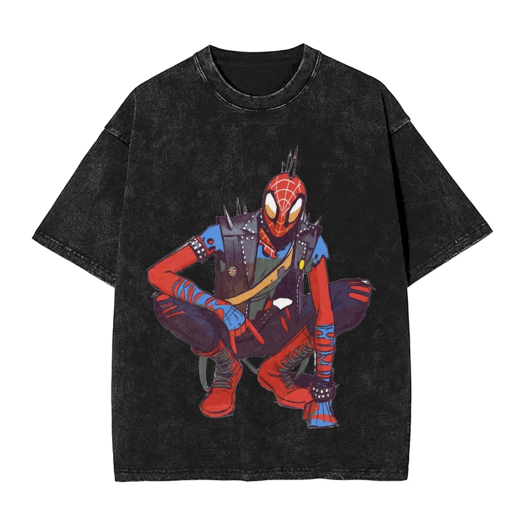 Фото Новая футболка унисекс 2026 года в стиле Spider Punk Spiderman: модная уличная одежда из чистого хлопка с эффектом потертости №5