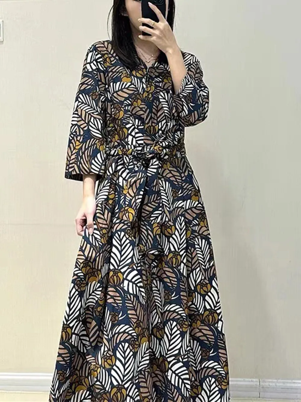 Women's Leaf Printing Dress V-neck Lace-up 100% Cotton Vintage Female Midi Robe Spring New 2023