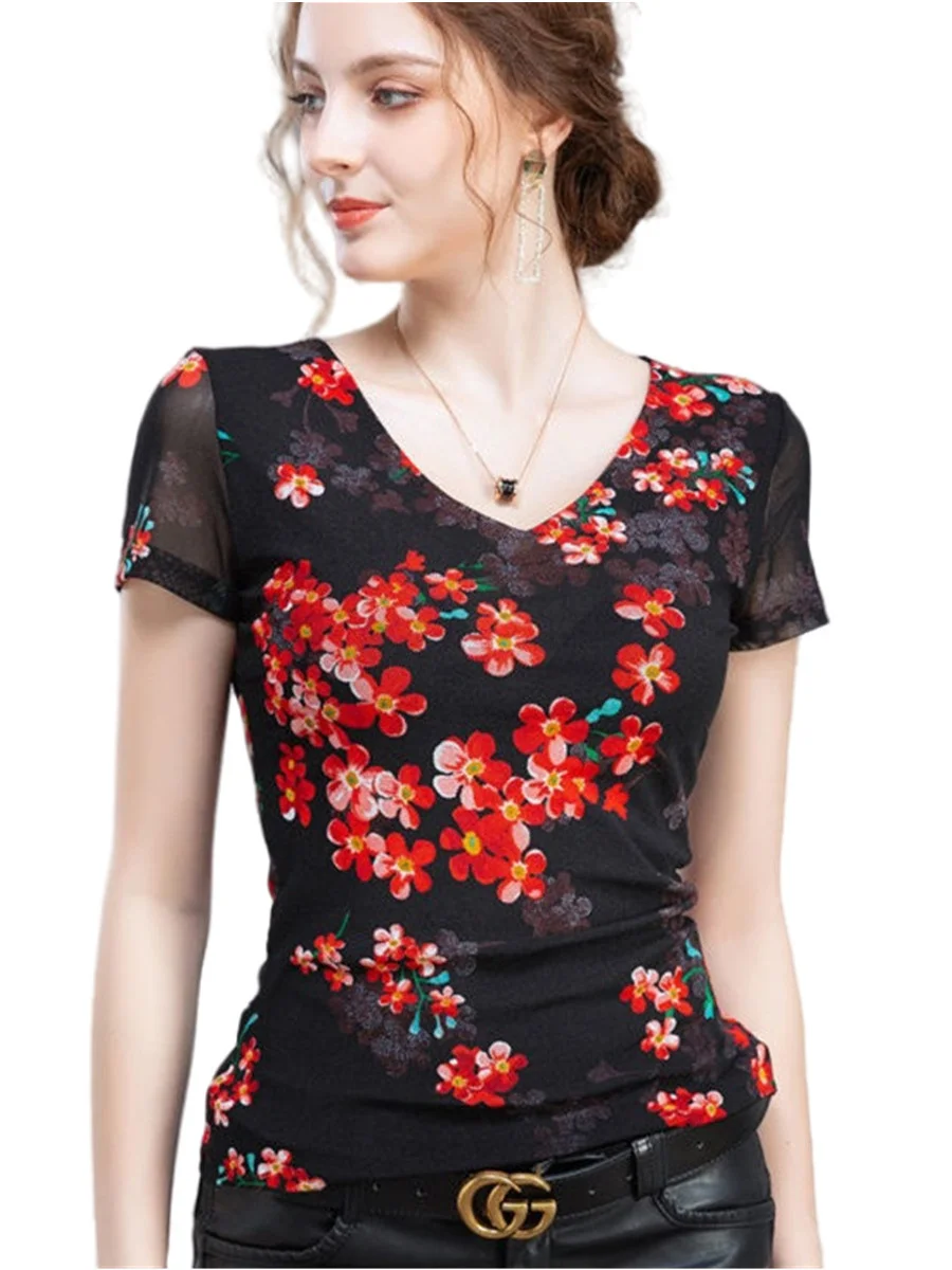 Женская весенне-летняя блузка с V-образным вырезом и цветочным принтом g2192 4XL